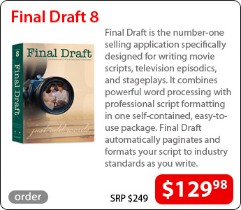 Final Draft is the number one selling application specifically designed for writing movie scripts, television episodics, and stageplays. It combines powerful word processing with professional script formatting in one self-contained, easy to use package. Final Draft automatically paginates and formats your script to industry standards as you write. Price: $129.98 (SRP $249)